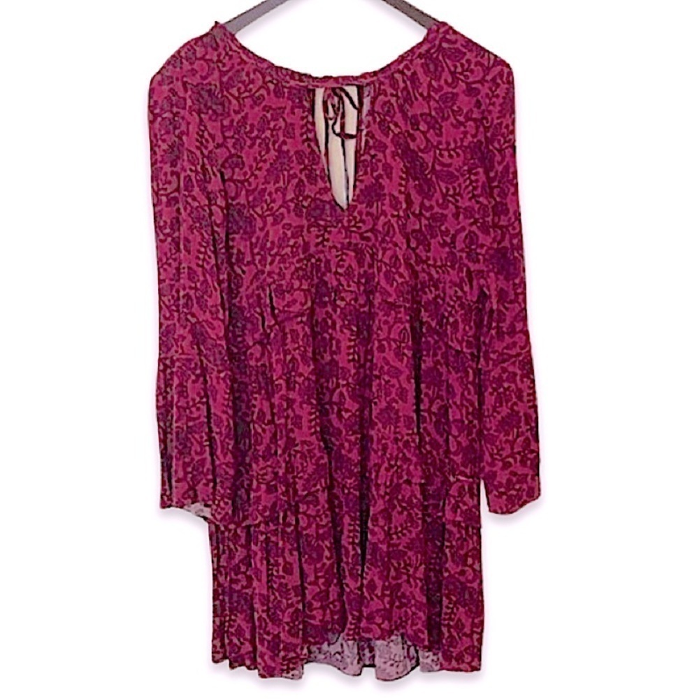 American Eagle Floral Print Flowy Tiered Maroon Boho High Neck Dress Size Small
